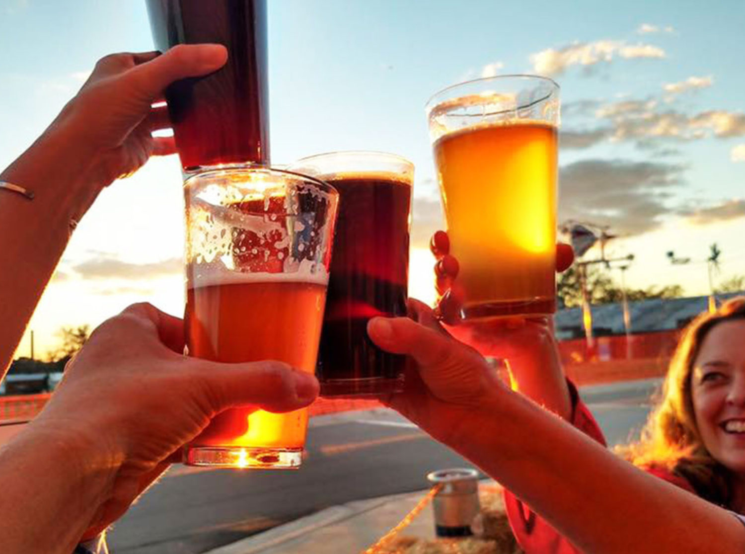 Group toasting craft beers at sunset - Discover Wilson